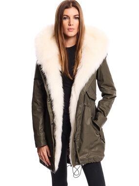 SAM New York Highline Shearling Lined Drawstring Parka Coat - Army / White